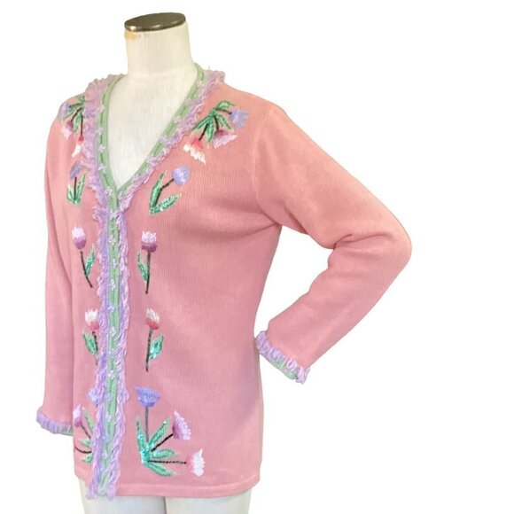 Storybook Knits Tulip Romance Cardigan Fringed Beaded Embroidered Sequins M 145L - Picture 2 of 9